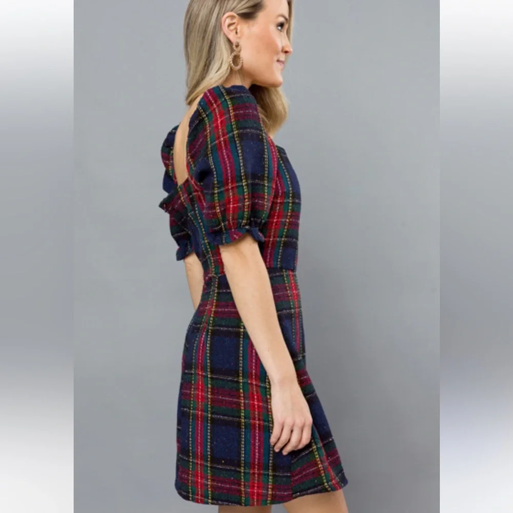 M2 NWT Vestigue HOLIDAY PLAID DRESS, NAVY/RED - Picture 2 of 10